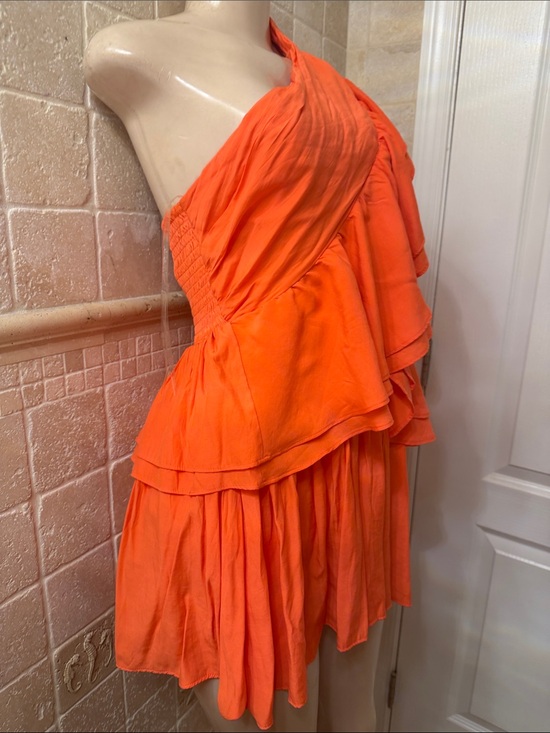 Dresses & Skirts - One-Shoulder Ruffle Mini Dress in Bright Orange